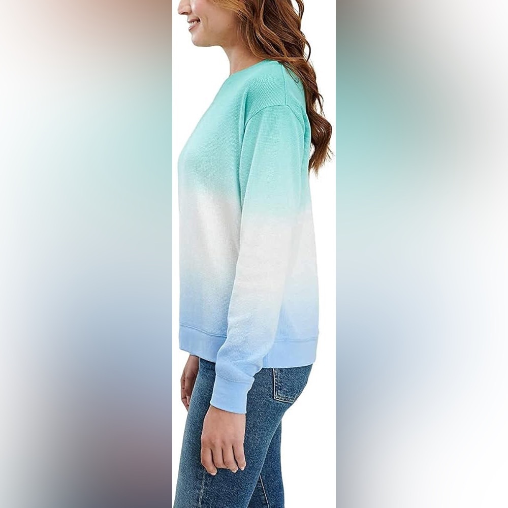 Splendid Ladies’ Thermal Tie Dye Crew Neck Sweat Shirt (Teal/Blue White) Small - Picture 3 of 4